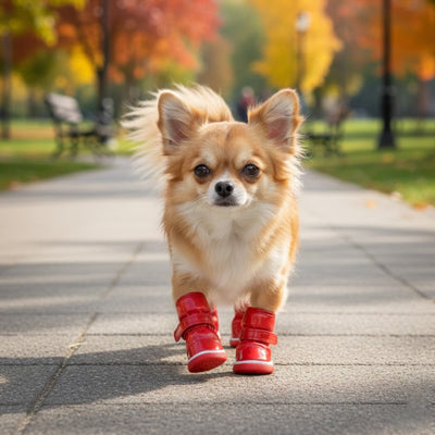 Spitz portant des bottes rouges en promenade dehors à l'automne