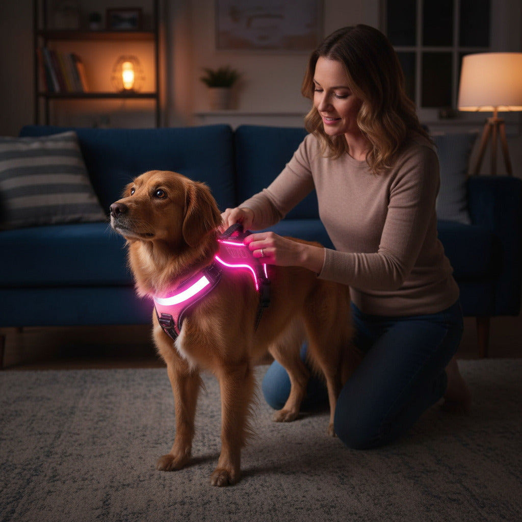 Harnais chien lumineux | Sécurité nocturne bleu et rose