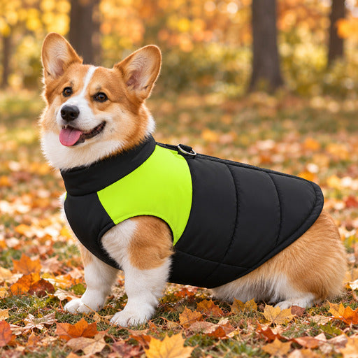Corgi portant un manteau chien chaud matelassé jaune, en extérieur