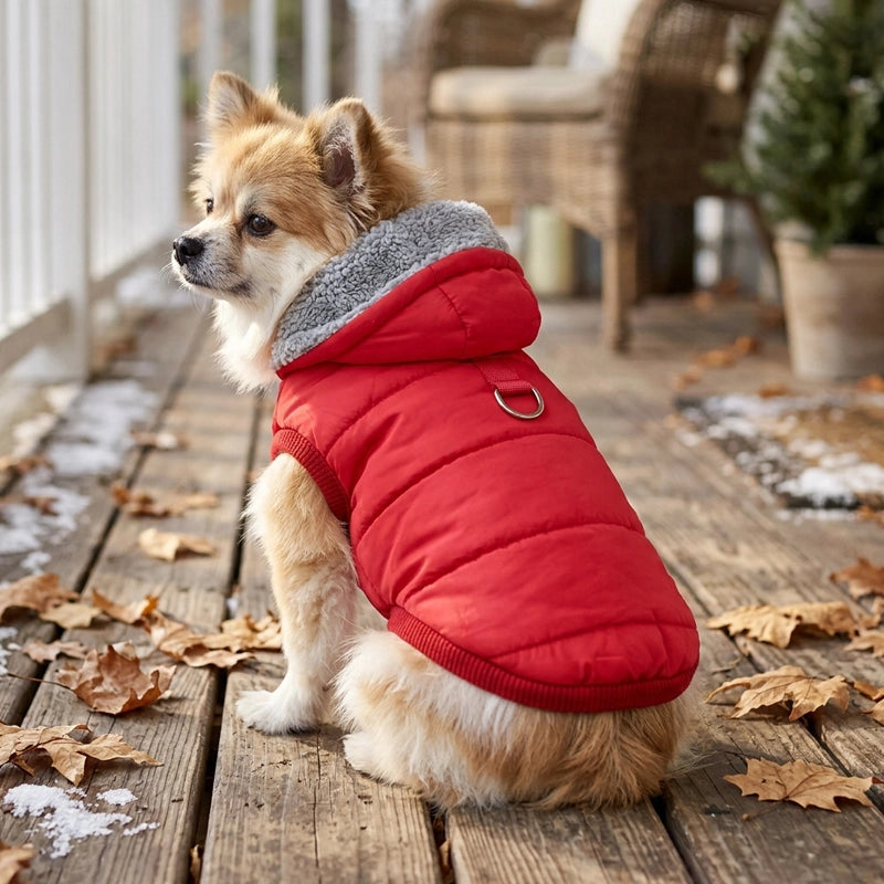 Petit chien portant le manteau rouge à capuchon doublé polaire, assis sur une terrasse en bois parsemée de feuilles d'automne