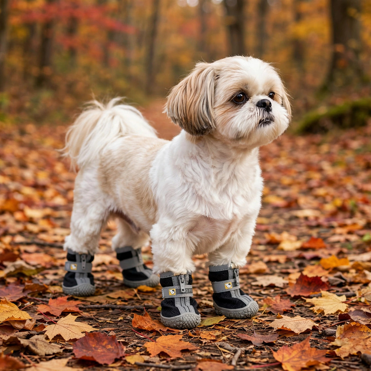 Shih tzu portant des chaussures antidérapantes noires et grises en filet pour chien