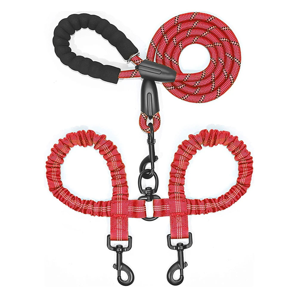 laisse chien double bungee résistante rouge