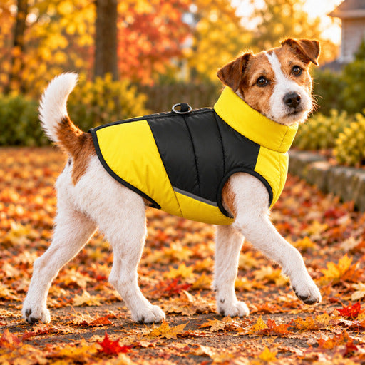 Jack Russell portant un manteau pour chien chaud matelassé jaune, dehors en automne