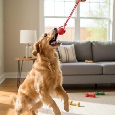 Balle chien cordage poignée golden rouge salon