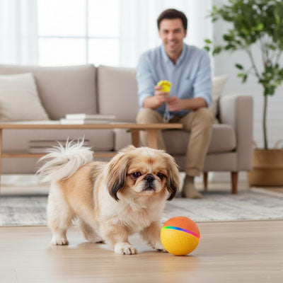 Balle pour chien active mouvement orange jaune pékinois
