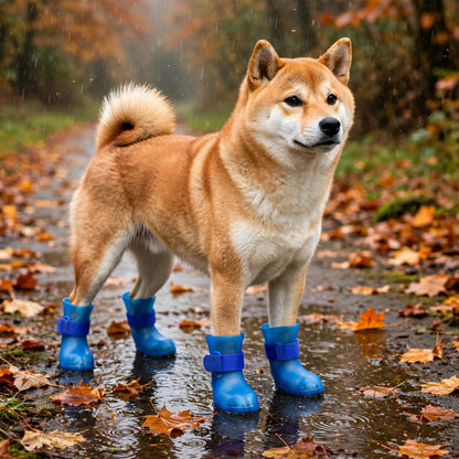  Shiba inu debout sous la pluie d'automne sur un chemin mouillé, portant des bottes de pluie bleues en silicone 