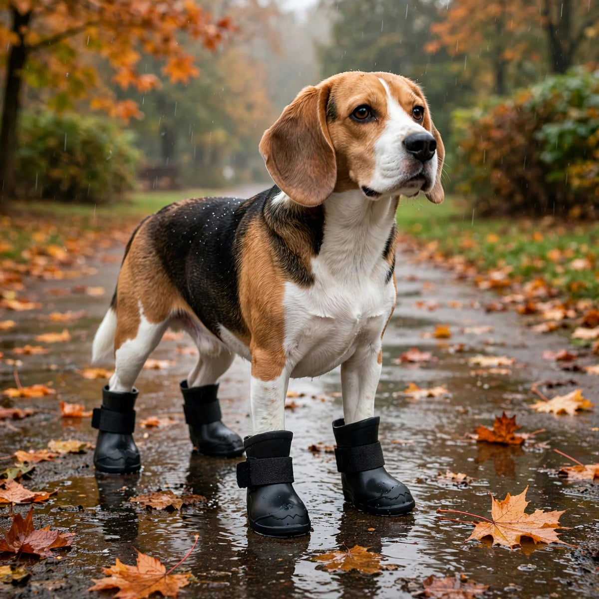 Beagle debout sur un chemin mouillé sous la pluie d'automne, portant des bottes de pluie noires en silicone