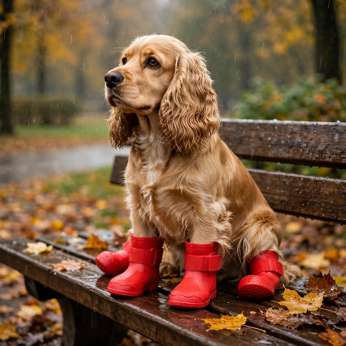 Cocker spaniel assis sur un banc dans un parc sous la pluie, portant des bottes de pluie rouges en silicone