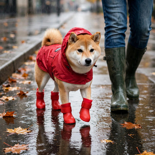 Shiba inu en promenade sous la pluie avec son maître, portant un imperméable rouge et des bottes de pluie rouges