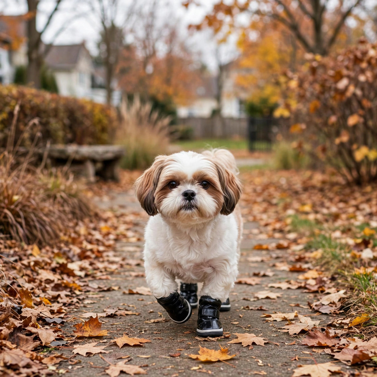 Shih tzu portant des bottes noires en promenade dehors à la fin de l'automne