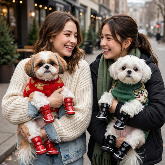 Deux shih tzu portant des pulls et des bottes, l'un rouges et l'autre noires, dans les bras de deux amies