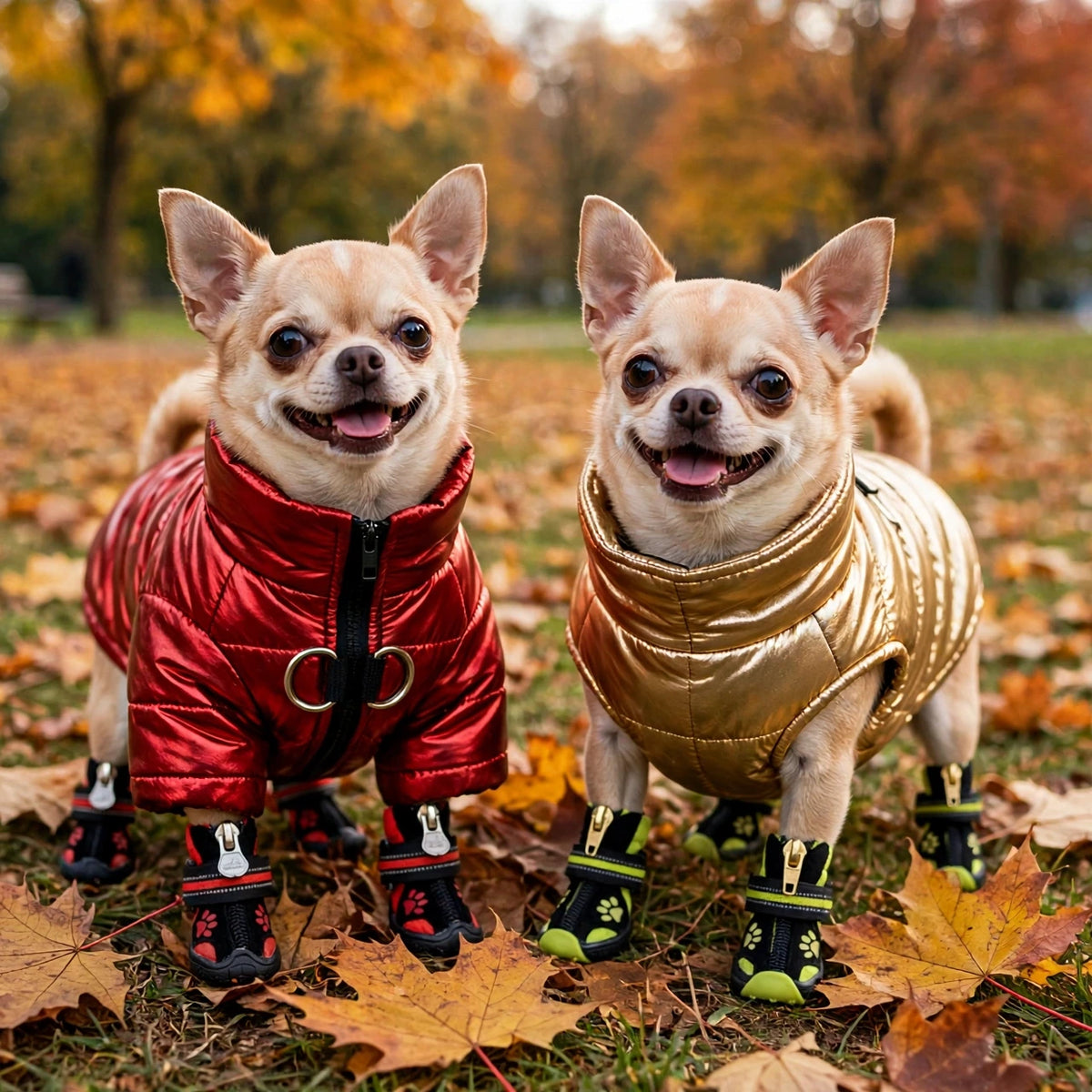 Deux chihuahuas portant des manteaux pour chien métallisés rouge et doré et des bottes assorties, dans un parc en automne