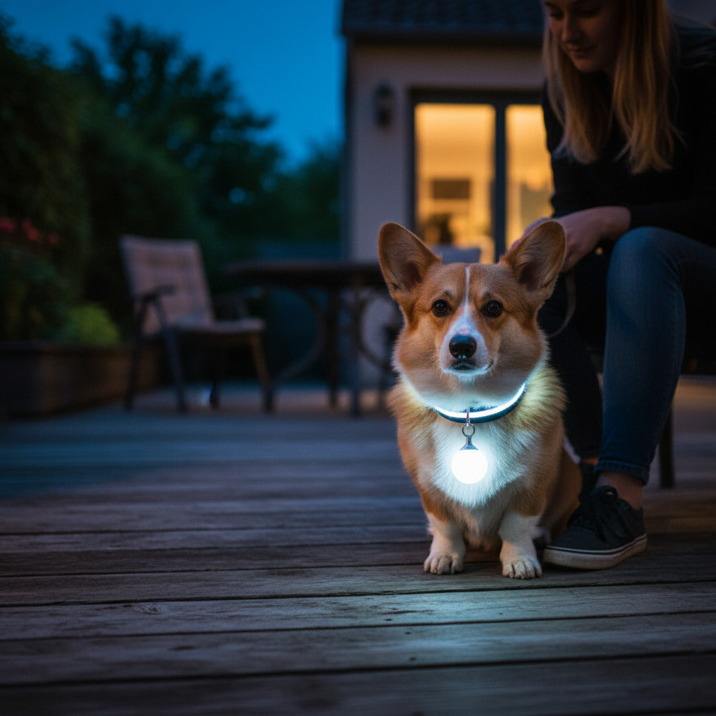 Collier lumineux chien pendentif noir corgi patio