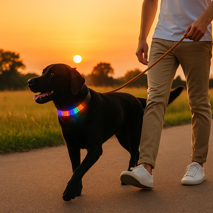 Collier lumineux chien labrador coucher soleil