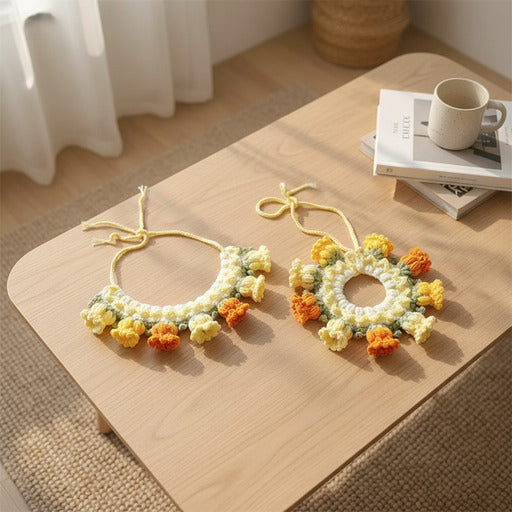 collier pour chien tricoté fleurs jaune orange