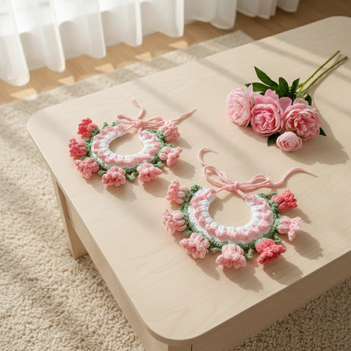 collier pour chien tricoté fleurs rose