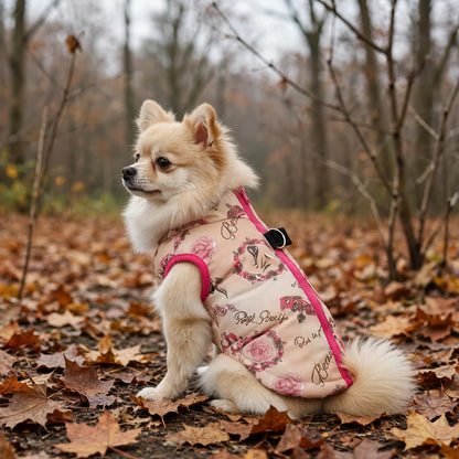 Chihuahua portant la doudoune pour chien à motif roses, assis parmi les feuilles d'automne