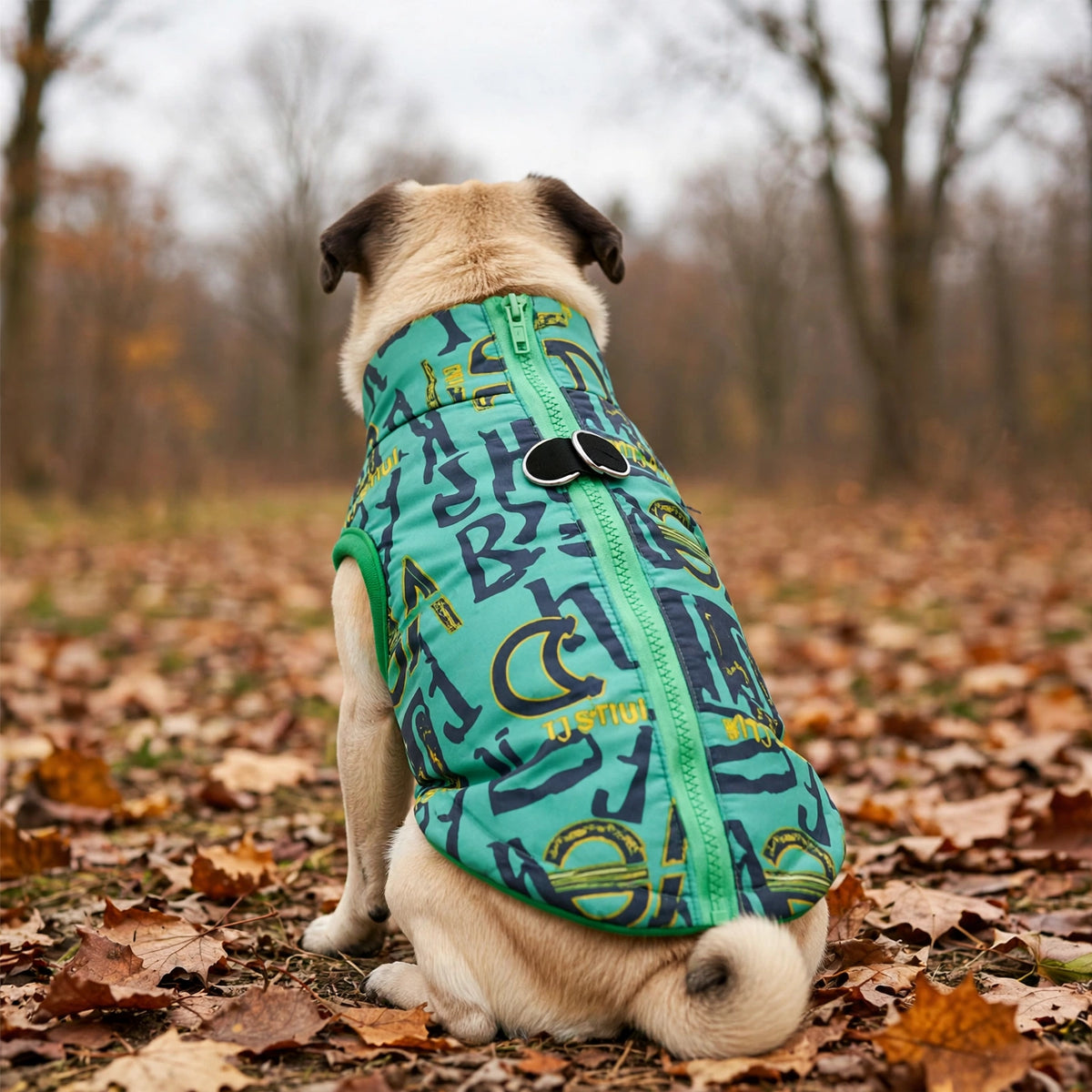 Carlin portant la doudoune pour chien à motif lettres vert, vu de dos parmi les feuilles d'automne