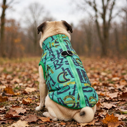 Carlin portant la doudoune pour chien à motif lettres vert, vu de dos parmi les feuilles d'automne