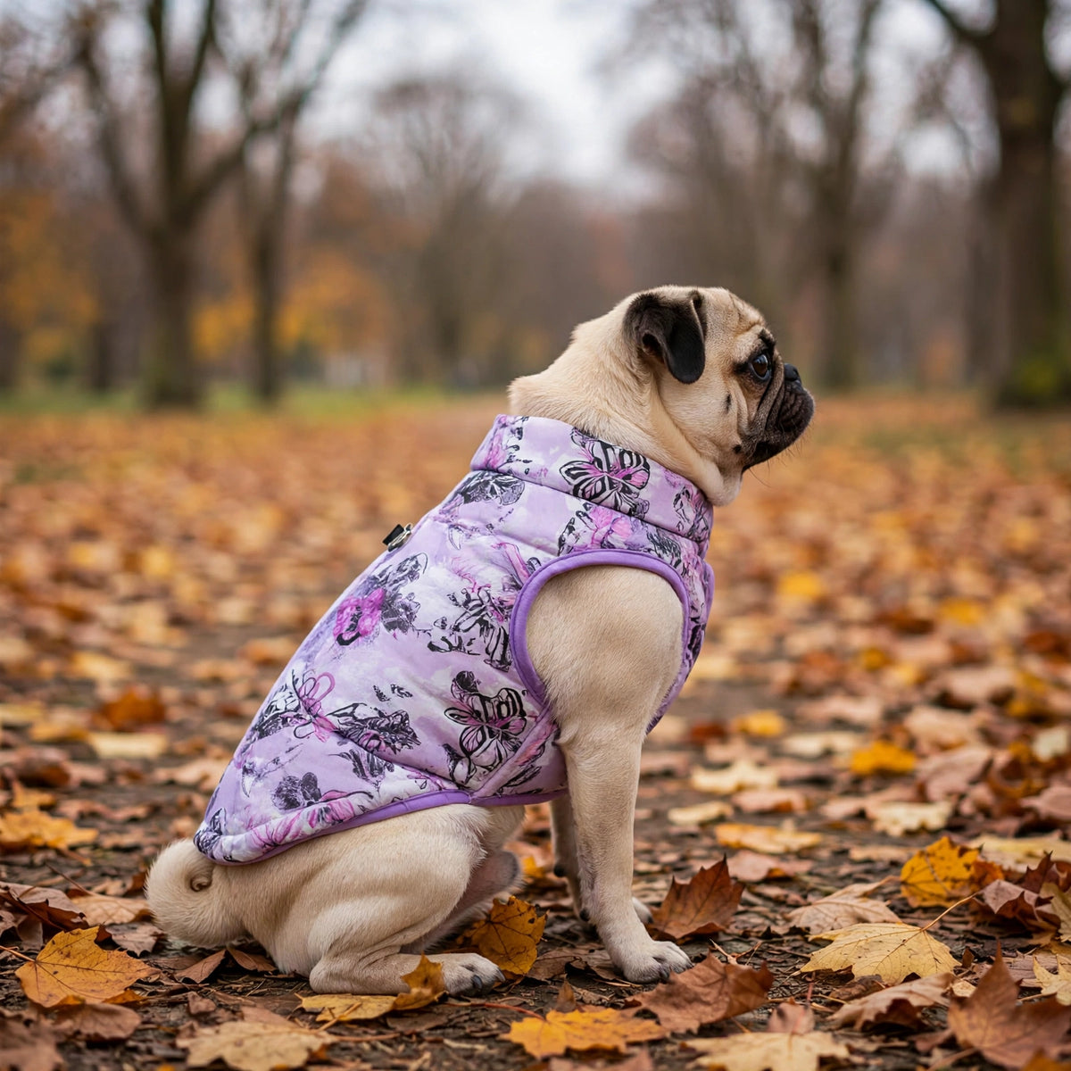 Carlin portant la doudoune pour chien à motif papillons violet, assis parmi les feuilles d'automne