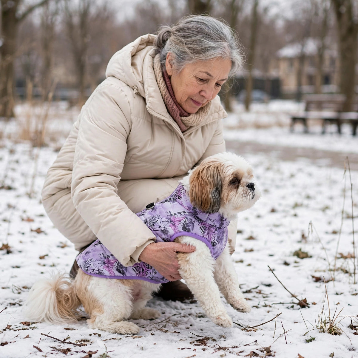 Une maîtresse déposant son shih tzu portant la doudoune pour chien à motif papillons violet au sol pour sa promenade au début de l'hiver