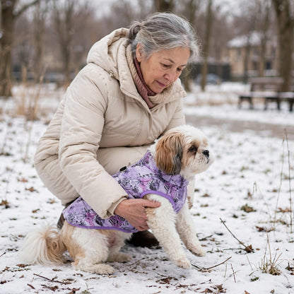 Une maîtresse déposant son shih tzu portant la doudoune pour chien à motif papillons violet au sol pour sa promenade au début de l'hiver