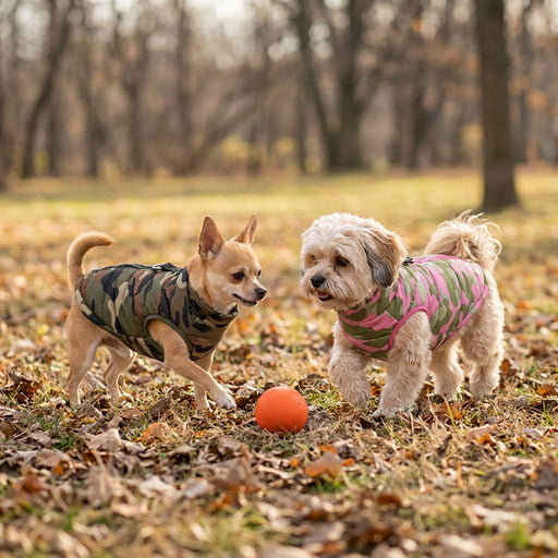 Un yorkshire portant la doudoune pour chien à motif camouflage et un shih tzu portant la doudoune pour chien à motif camouflage rose, jouant avec une balle dans un parc