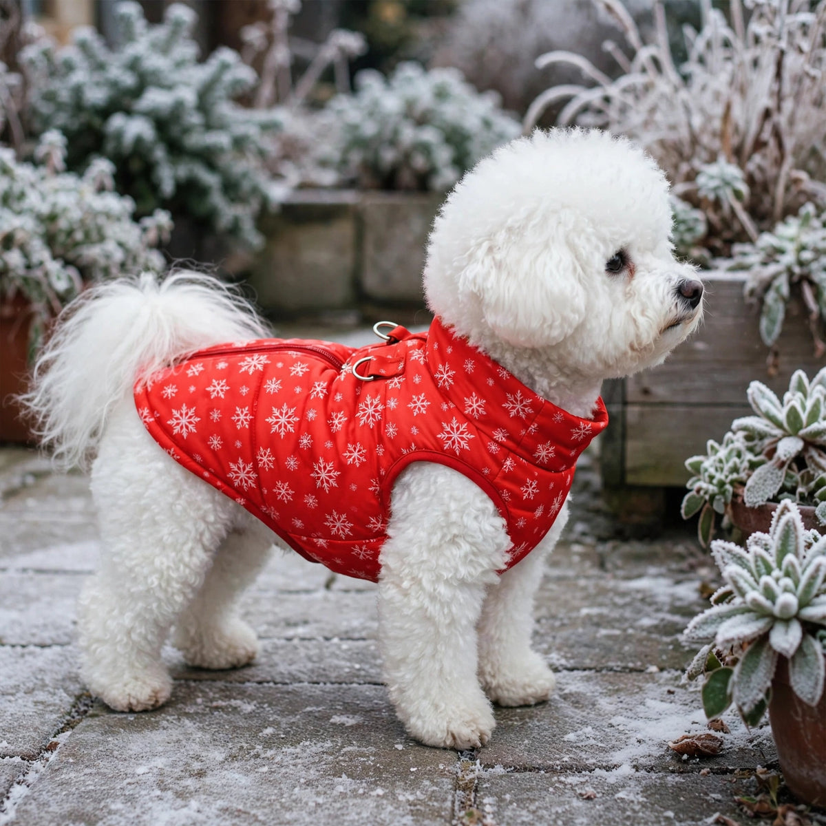 Bichon frisé portant la doudoune pour chien rouge à motif flocon sur le patio givré