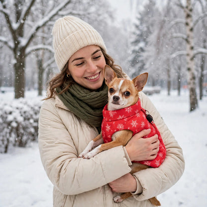 Une femme portant son chihuahua dans ses bras, vêtu de la doudoune pour chien rouge à motif flocon, dans un parc enneigé
