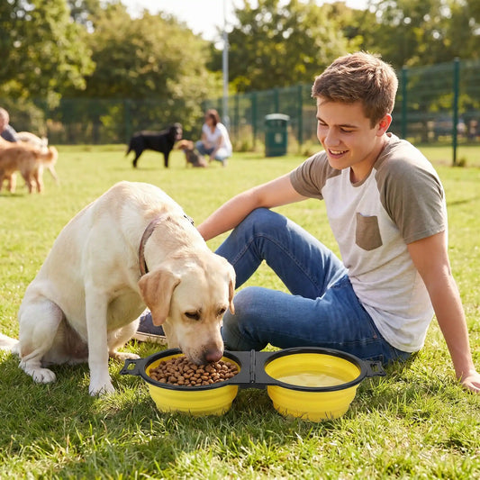 Gamelle chien | 2-en-1 portable - jaune et orange