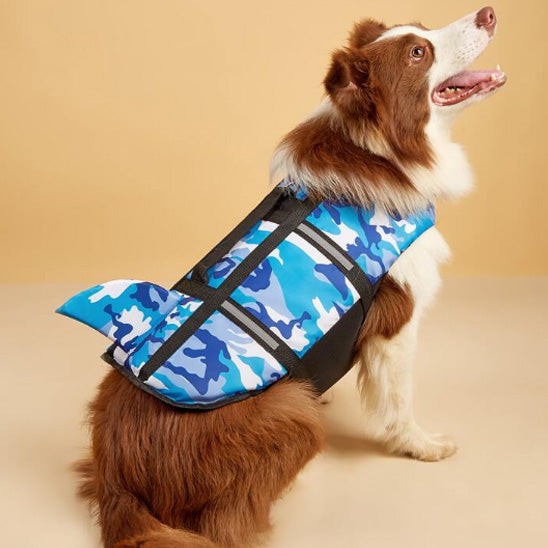 Gilet de sauvetage chien camouflage berger australien bleu dos