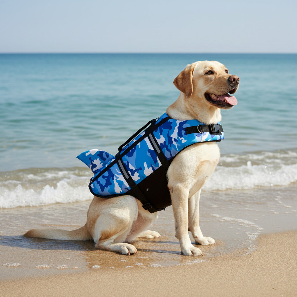 Gilet de sauvetage chien camouflage bleu labrador plage