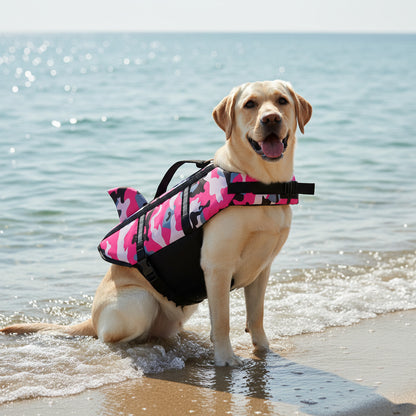 Gilet de sauvetage chien camouflage rose labrador plage