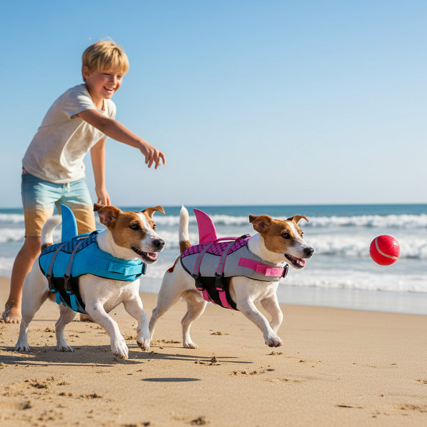 Gilet de sauvetage  chien écailles requin jack russell bleu et rose