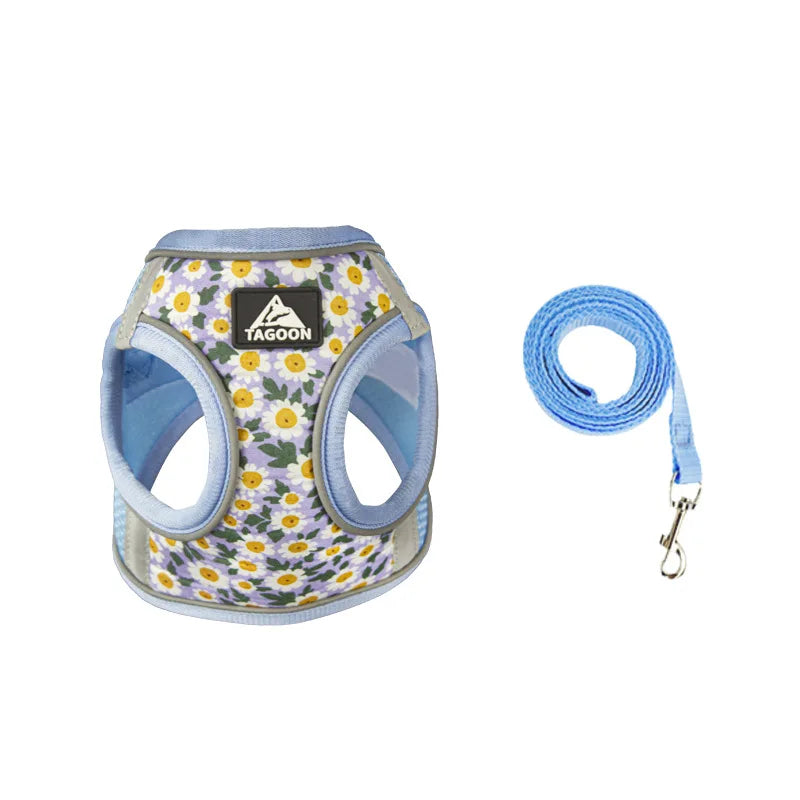 Harnais pour petit chien motif marguerite bleu