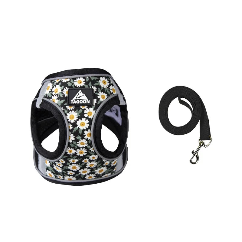 Harnais pour petit chien motif marguerite noir