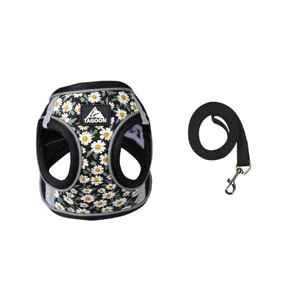 Harnais pour petit chien motif marguerite noir