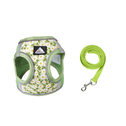 Harnais pour petit chien motif marguerite vert