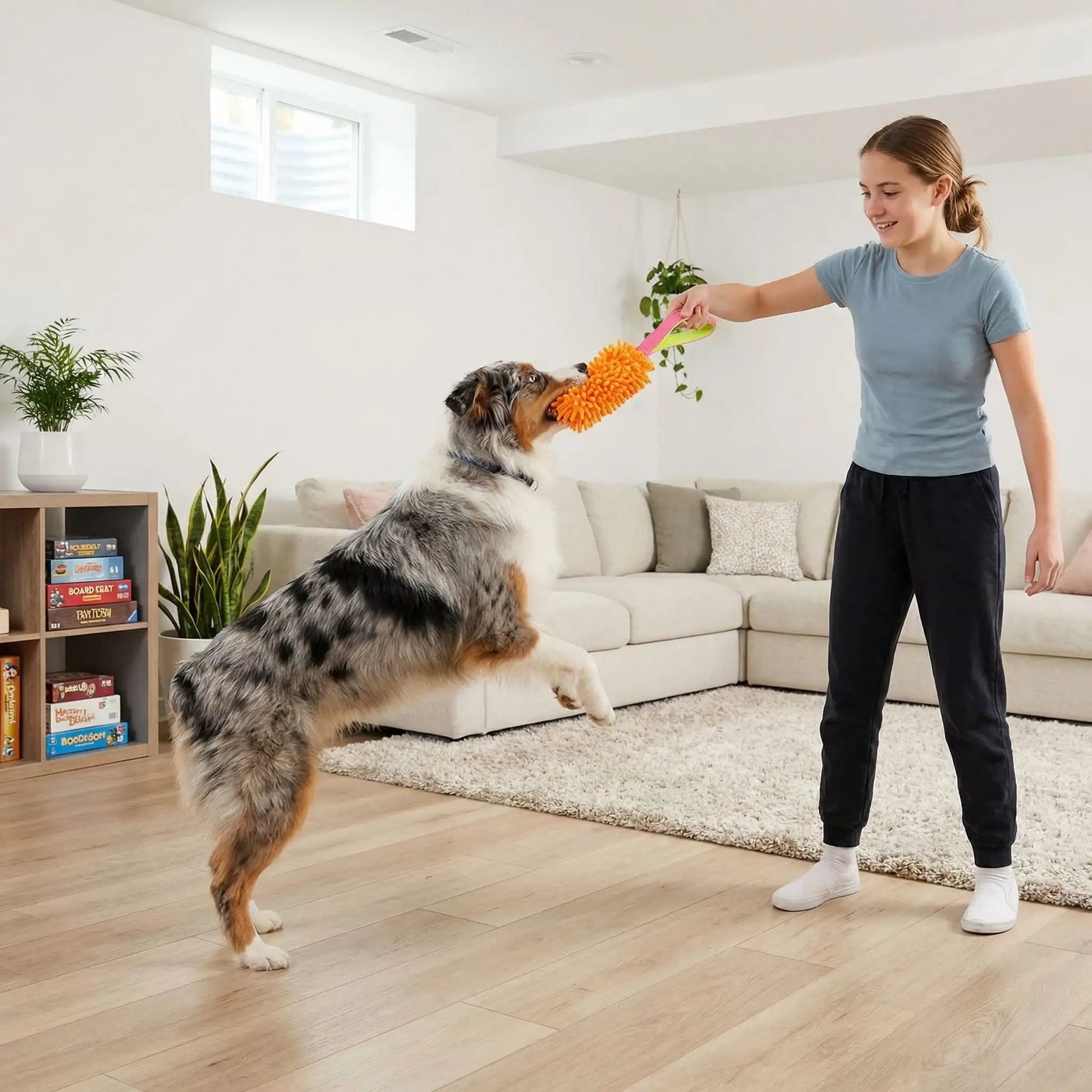 Jouet chien corde de traction orange sous-sol