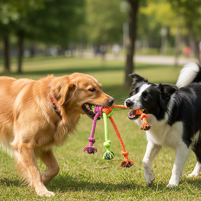 Jouet pour chien noeud à franges deux chiens parc