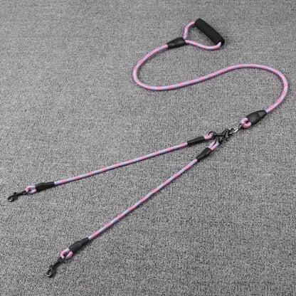 Laisse double pour chien corde traction rose