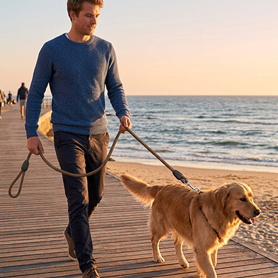 Longe pour chien entrainement marche golden plage brun