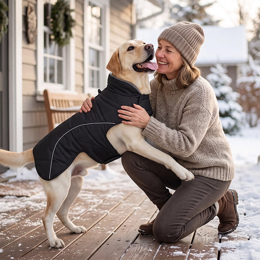 Labrador portant le manteau pour chien noir, avec sa maîtresse sur une terrasse enneigée