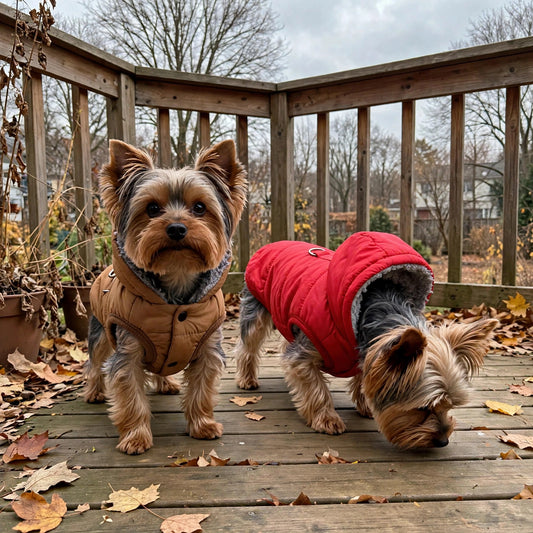 Deux yorkshires portant les manteaux rouge et marron à capuchon sur le balcon arrière à la fin de l'automne