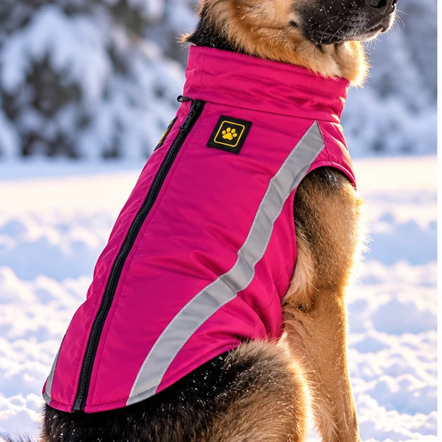Berger portant un manteau pour chien hiver chaud rose, photo modèle
