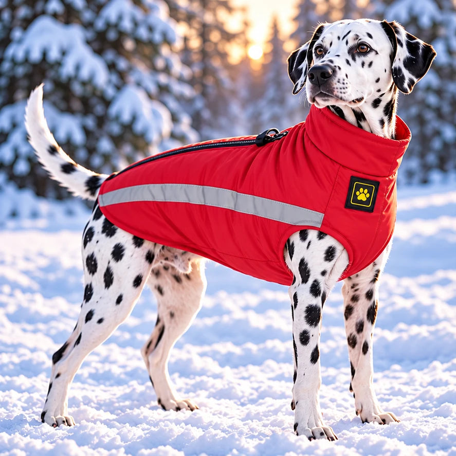 Dalmatien portant un manteau pour chien hiver chaud rouge, photo modèle

