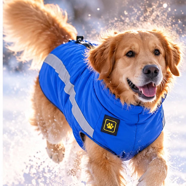 Golden retriever portant un manteau pour chien hiver chaud bleu en courant en extérieur
