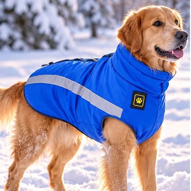 Golden retriever portant un manteau pour chien hiver chaud bleu en extérieur, photo modèle
