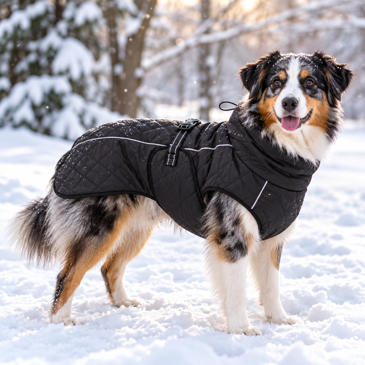 Berger australien portant un manteau pour chien imperméable et chaud
