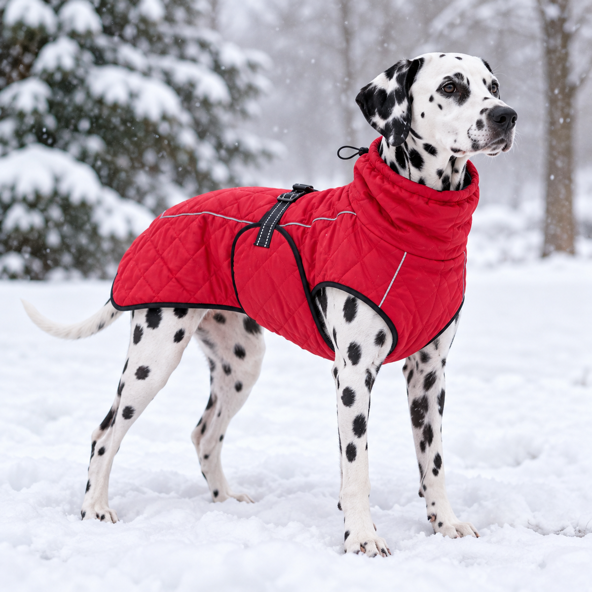 Dalmatien portant un manteau pour chien imperméable et chaud rouge sur la neige
